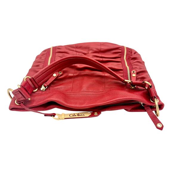 Cole Haan Leather Hobo Bag in Red - Ruched “Bailey” Design w Zips, Gold Hardware - Picture 4 of 11